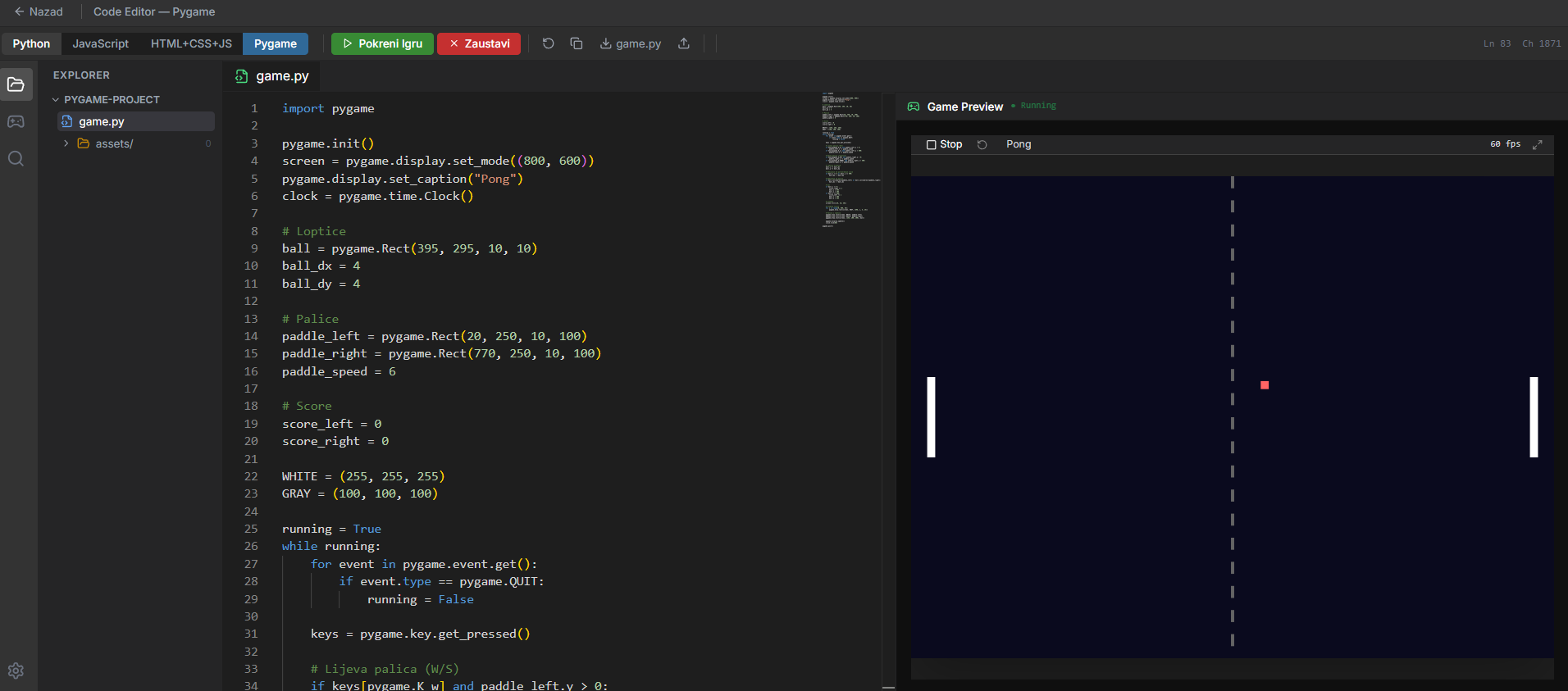 Pygame Editor — Pong igrica u browseru